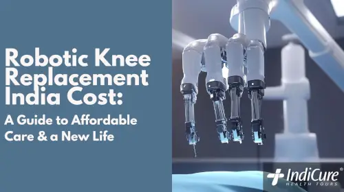 An image showing a robotic arm in a modern operating room, with a text at the left-hand side that reads 'ROBOTIC KNEE REPLACEMENT INDIA COST: A Patient's Guide to Surgeons & a New Life.' An image showing a robotic arm in a modern operating room, with a text at the left-hand side that reads 'ROBOTIC KNEE REPLACEMENT INDIA COST: A Patient's Guide to Surgeons & a New Life.'